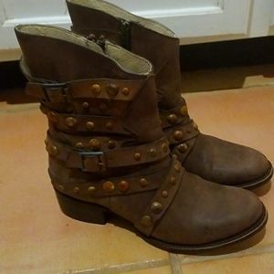 Freebird Brown Leather Riveted Buckle Strap Boots